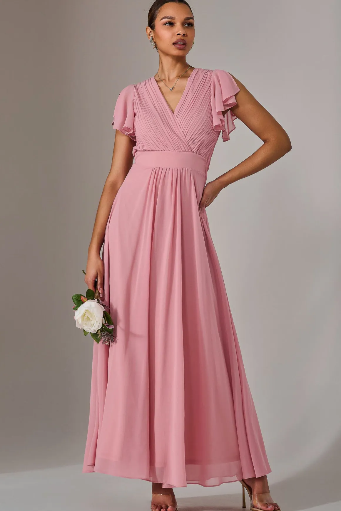Chiffon Pleated Maxi Dress, Dusty Pink