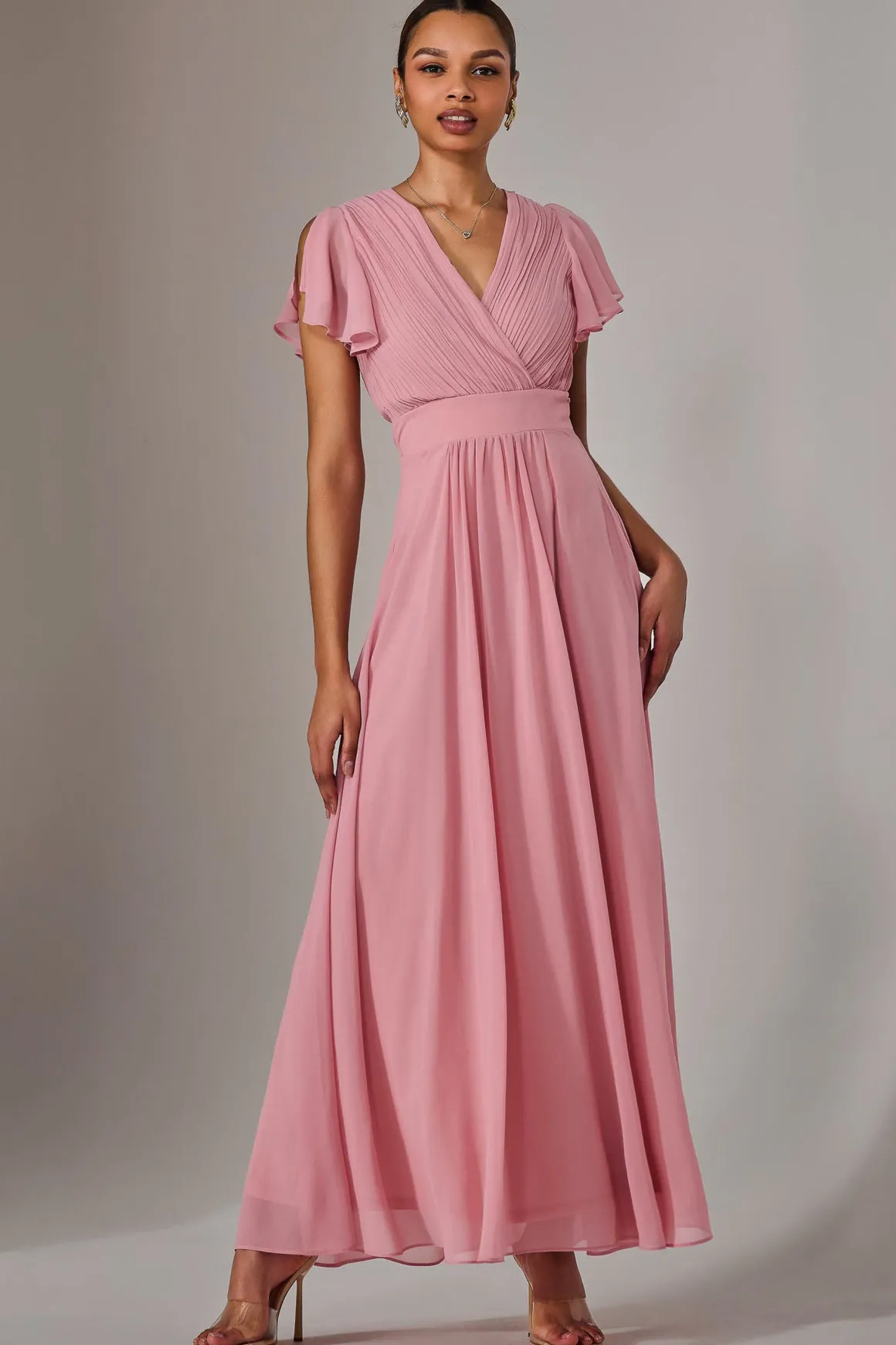 Chiffon Pleated Maxi Dress, Dusty Pink