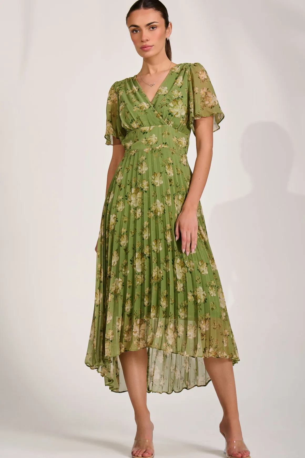 Chiffon Pleated Maxi Dress, Green Floral