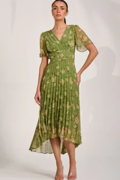 Chiffon Pleated Maxi Dress, Green Floral