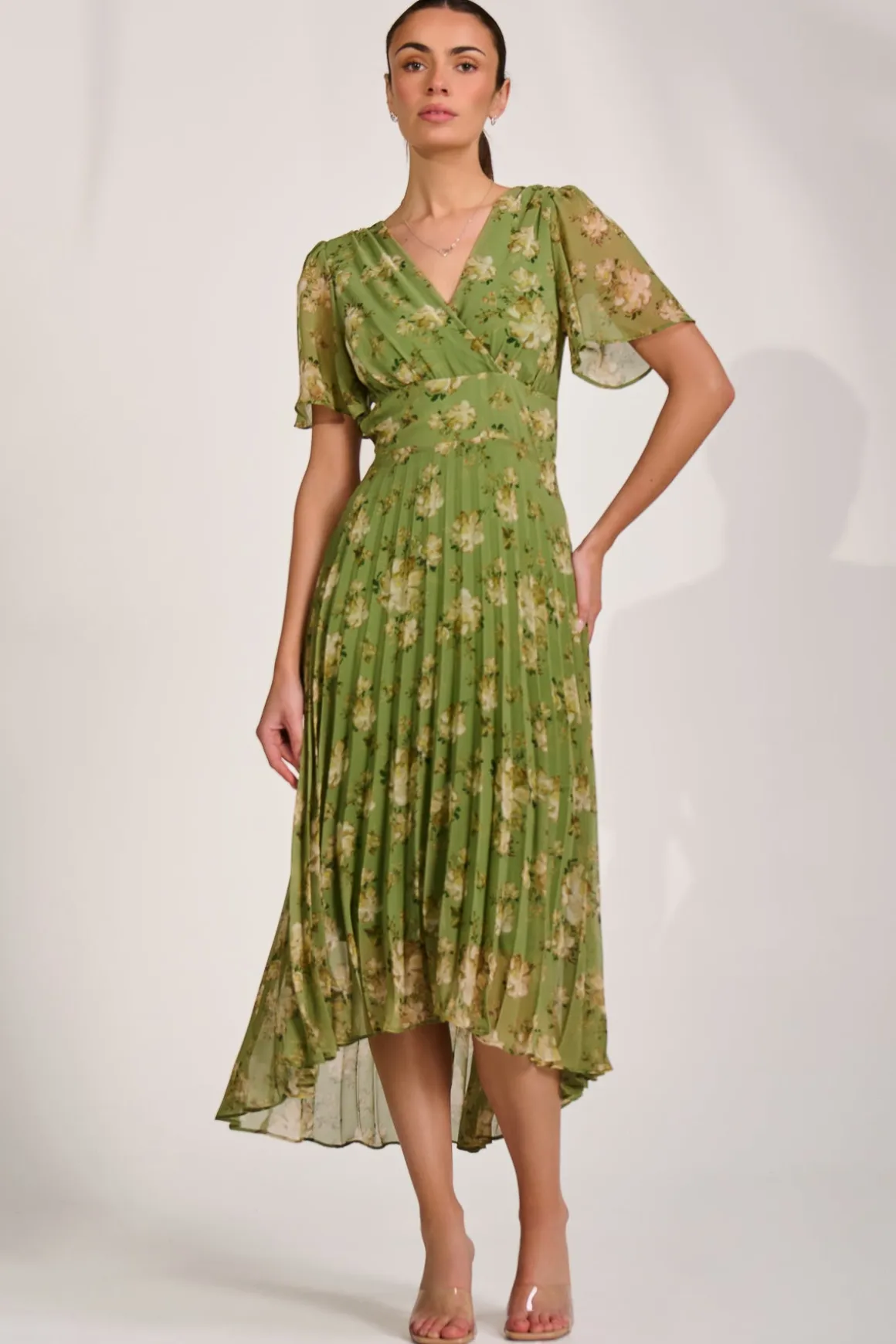 Chiffon Pleated Maxi Dress, Green Floral