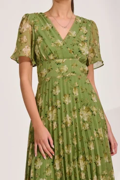 Chiffon Pleated Maxi Dress, Green Floral