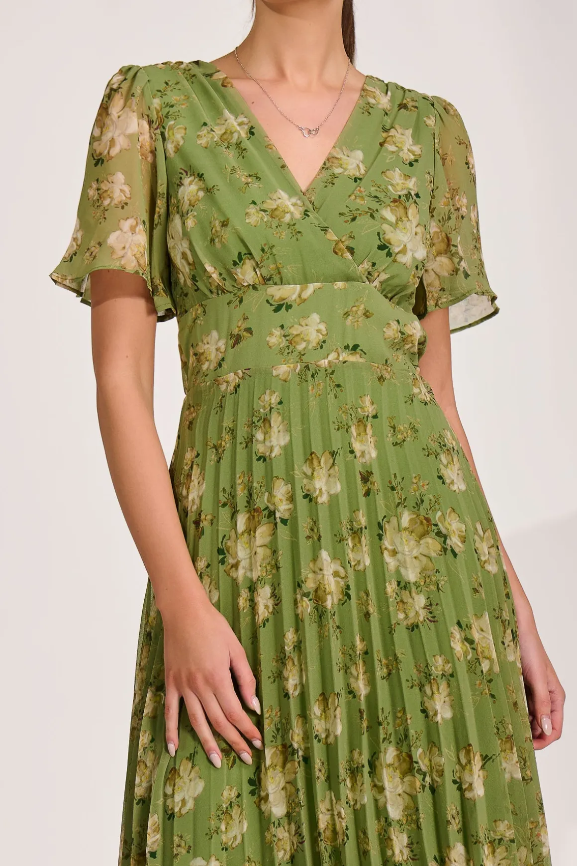 Chiffon Pleated Maxi Dress, Green Floral