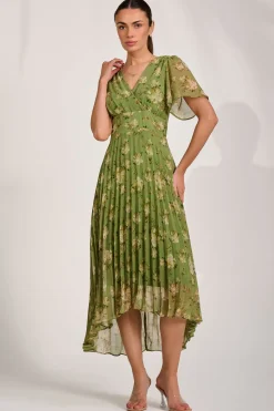 Chiffon Pleated Maxi Dress, Green Floral