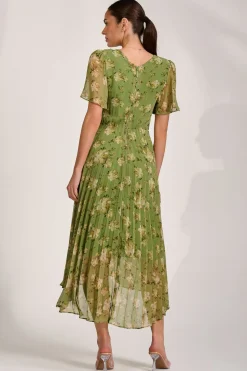 Chiffon Pleated Maxi Dress, Green Floral