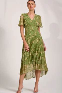Chiffon Pleated Maxi Dress, Green Floral
