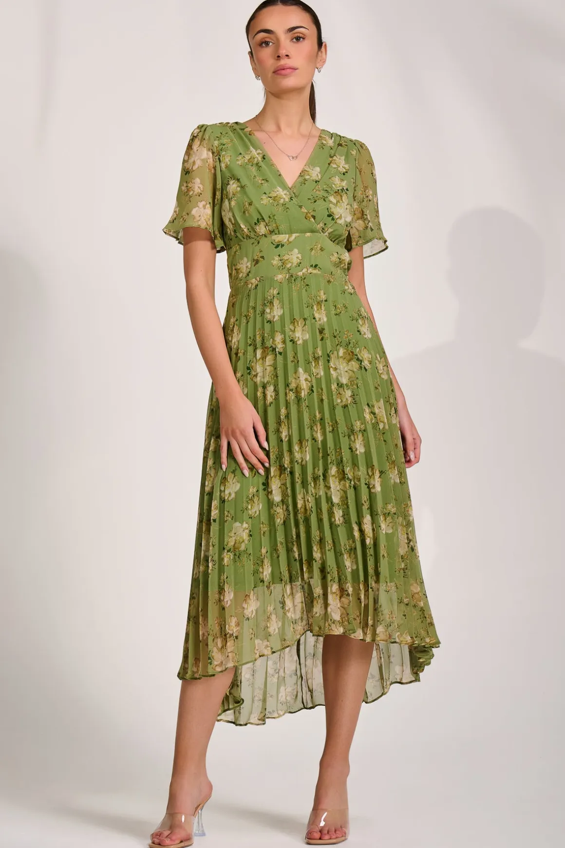 Chiffon Pleated Maxi Dress, Green Floral