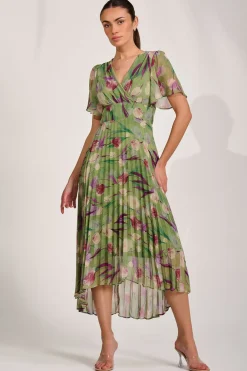 Chiffon Pleated Maxi Dress, Green Multi