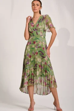 Chiffon Pleated Maxi Dress, Green Multi