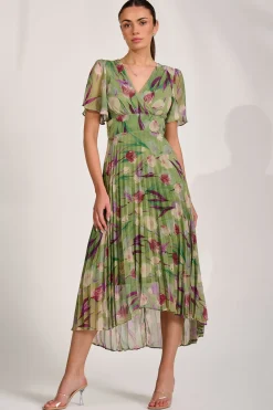 Chiffon Pleated Maxi Dress, Green Multi