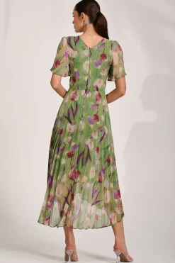 Chiffon Pleated Maxi Dress, Green Multi
