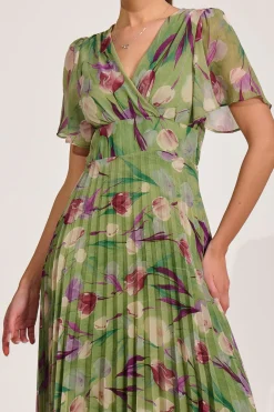 Chiffon Pleated Maxi Dress, Green Multi