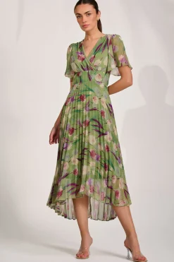 Chiffon Pleated Maxi Dress, Green Multi