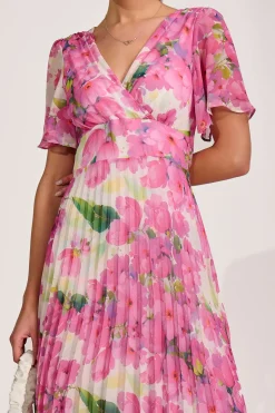 Chiffon Pleated Maxi Dress, Pink Floral