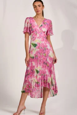 Chiffon Pleated Maxi Dress, Pink Floral