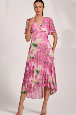 Chiffon Pleated Maxi Dress, Pink Floral