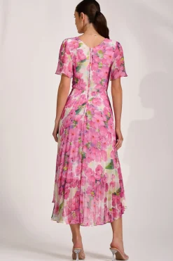 Chiffon Pleated Maxi Dress, Pink Floral