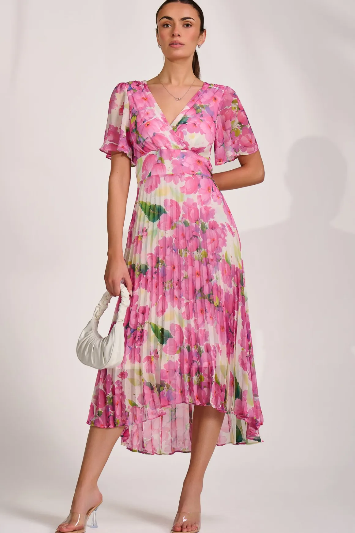 Chiffon Pleated Maxi Dress, Pink Floral