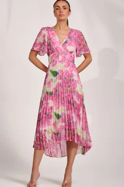 Chiffon Pleated Maxi Dress, Pink Floral