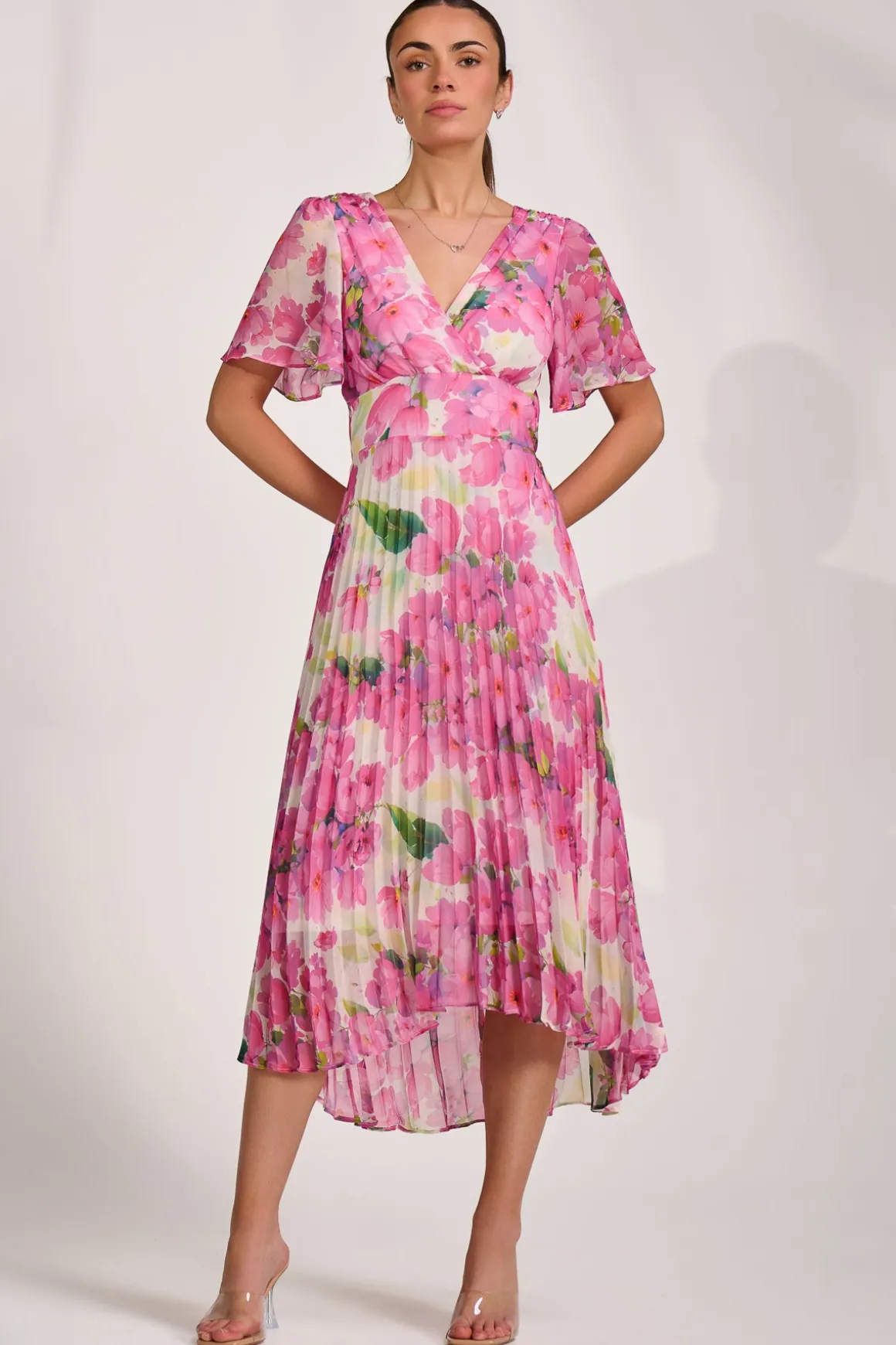 Chiffon Pleated Maxi Dress, Pink Floral