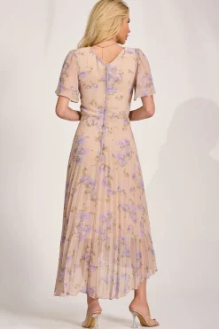 Chiffon Pleated Maxi Dress, Yellow Floral
