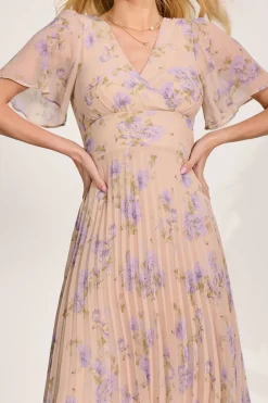 Chiffon Pleated Maxi Dress, Yellow Floral