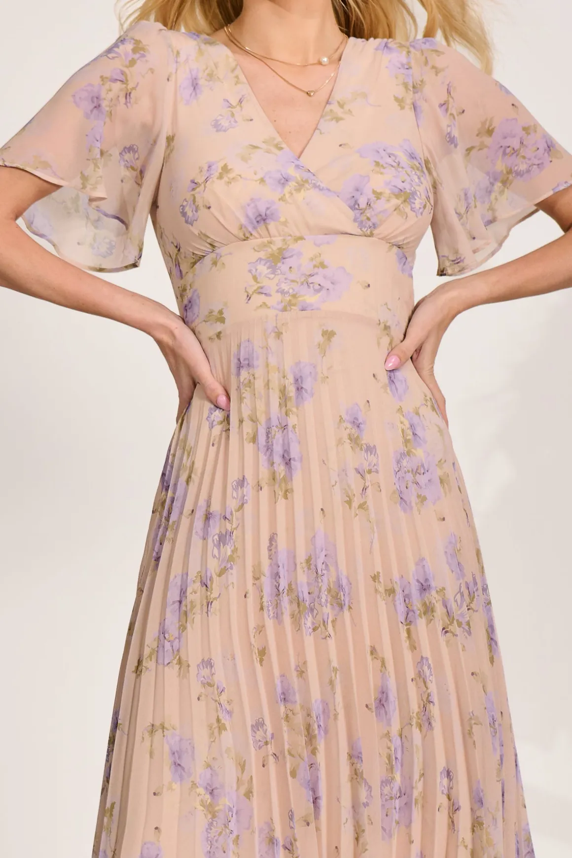 Chiffon Pleated Maxi Dress, Yellow Floral