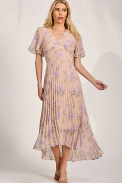 Chiffon Pleated Maxi Dress, Yellow Floral