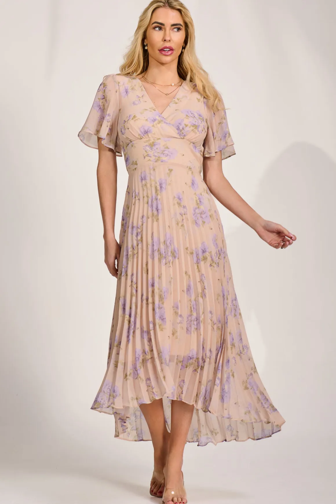 Chiffon Pleated Maxi Dress, Yellow Floral