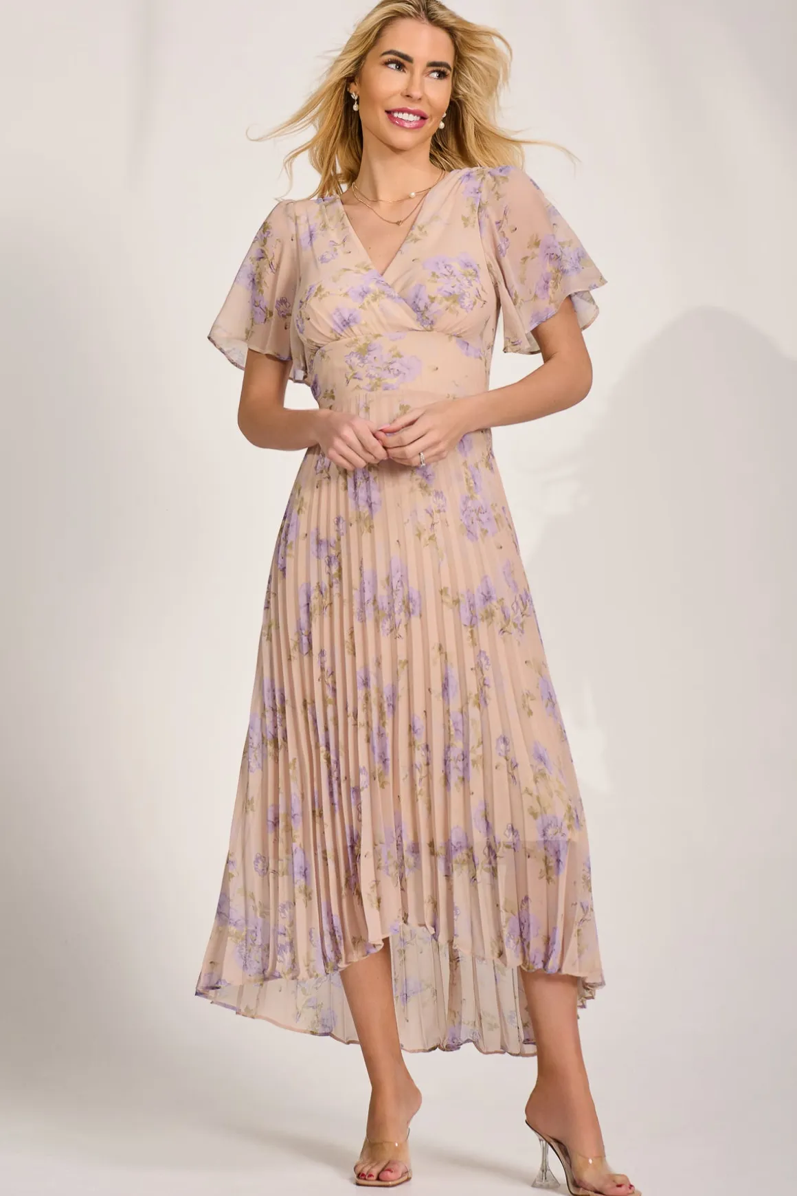 Chiffon Pleated Maxi Dress, Yellow Floral