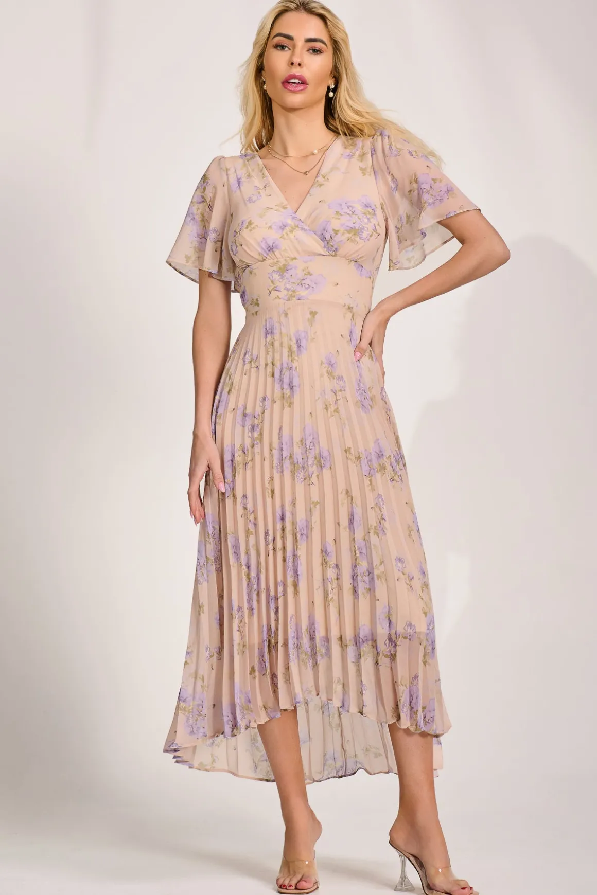 Chiffon Pleated Maxi Dress, Yellow Floral