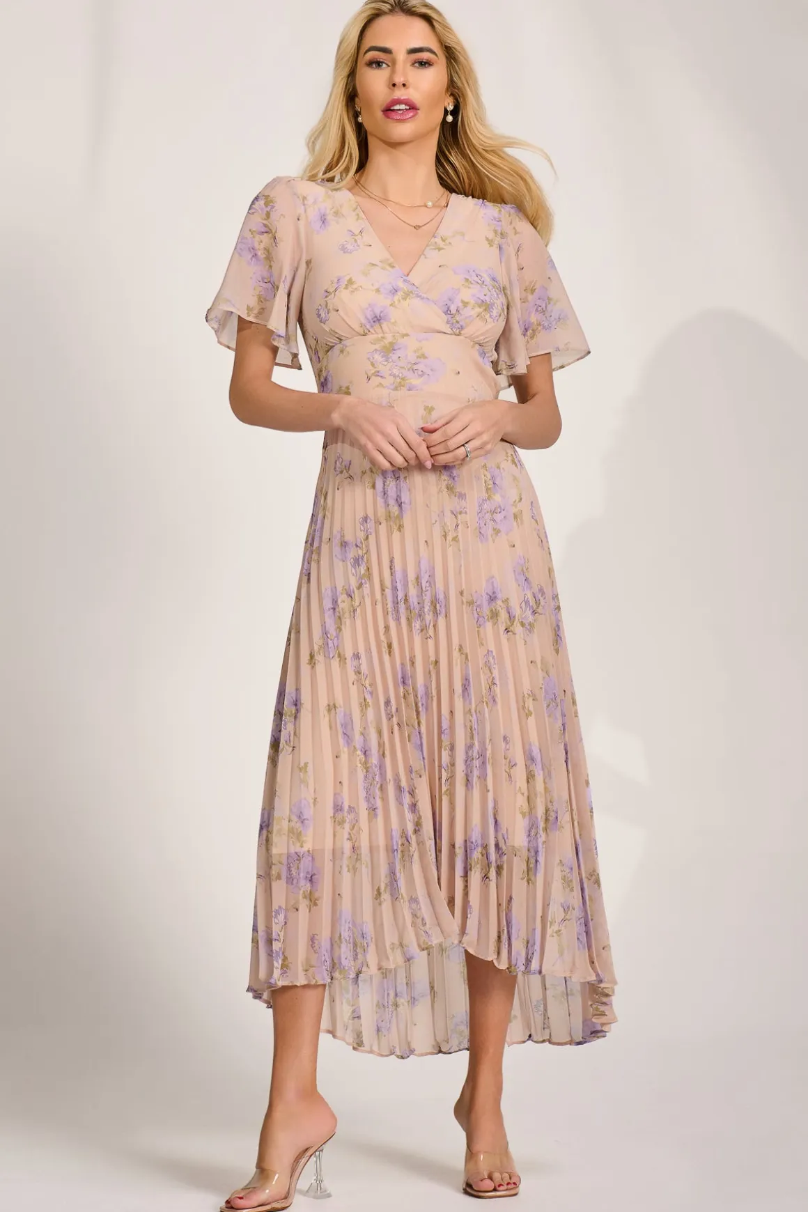 Chiffon Pleated Maxi Dress, Yellow Floral