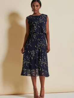 Chiffon Pleated Overlay Midi Dress, Navy Leafy