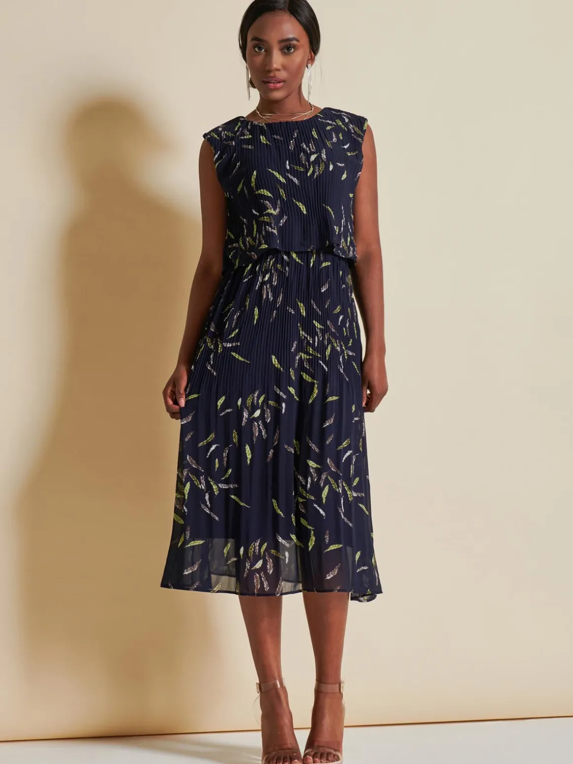 Chiffon Pleated Overlay Midi Dress, Navy Leafy