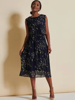 Chiffon Pleated Overlay Midi Dress, Navy Leafy