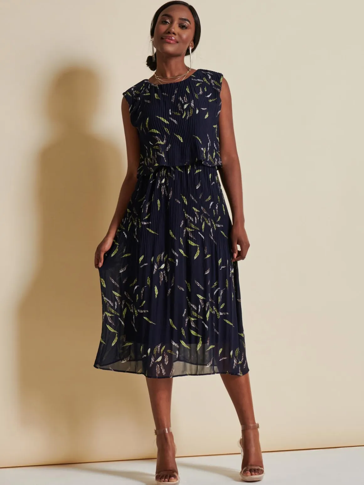 Chiffon Pleated Overlay Midi Dress, Navy Leafy