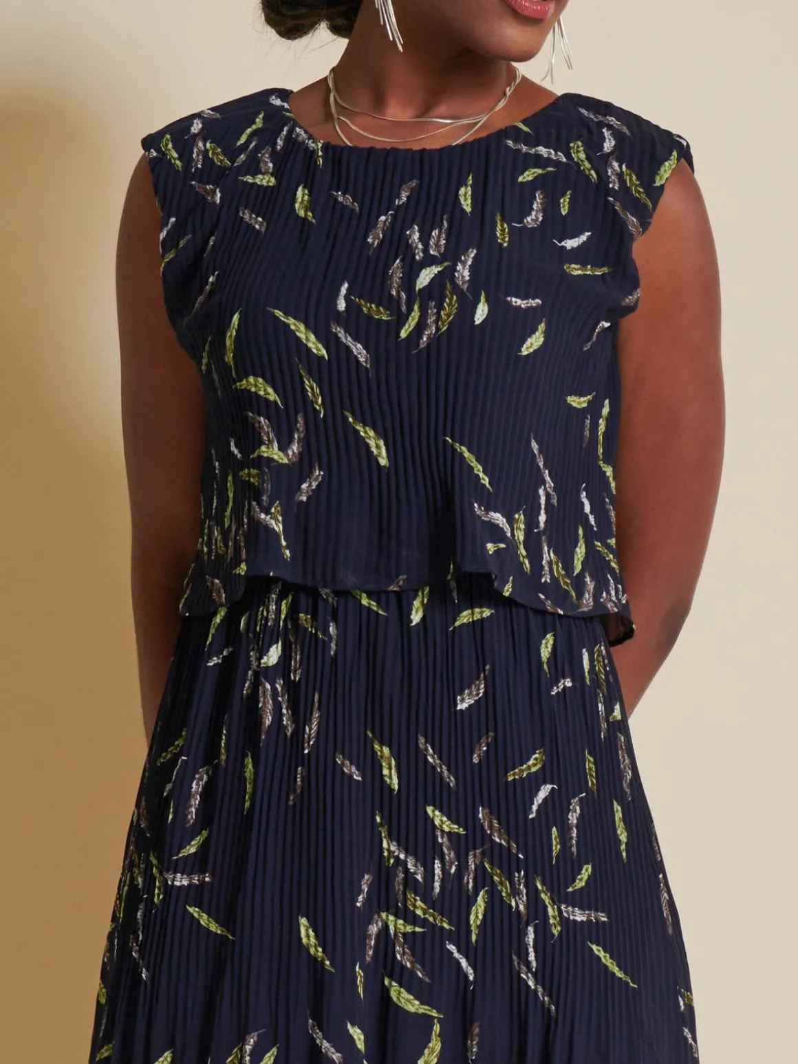 Chiffon Pleated Overlay Midi Dress, Navy Leafy