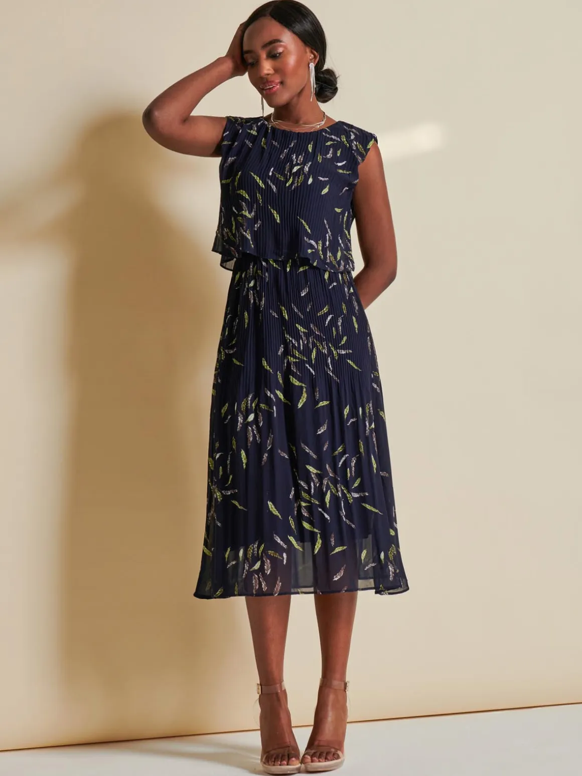 Chiffon Pleated Overlay Midi Dress, Navy Leafy