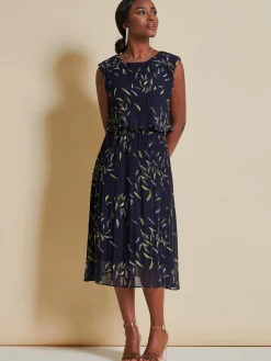 Chiffon Pleated Overlay Midi Dress, Navy Leafy