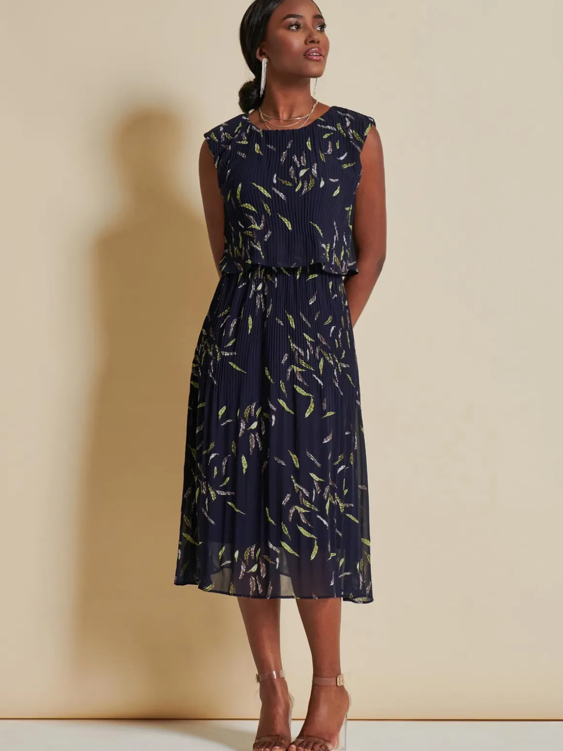 Chiffon Pleated Overlay Midi Dress, Navy Leafy