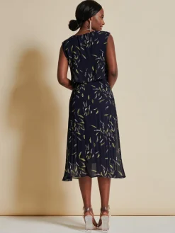Chiffon Pleated Overlay Midi Dress, Navy Leafy