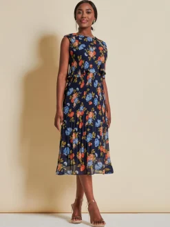 Chiffon Pleated Overlay Midi Dress, Navy Orange Floral