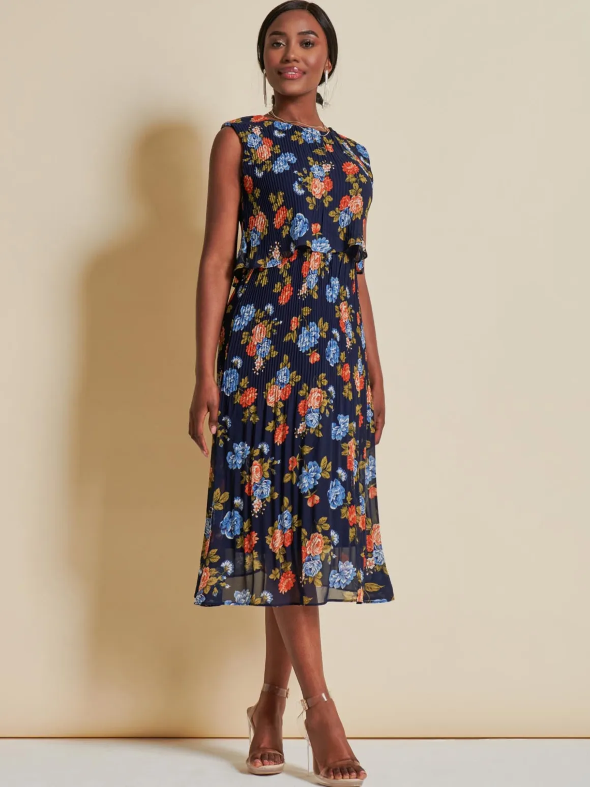 Chiffon Pleated Overlay Midi Dress, Navy Orange Floral
