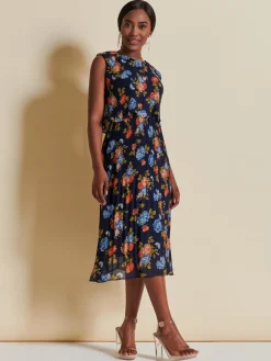 Chiffon Pleated Overlay Midi Dress, Navy Orange Floral