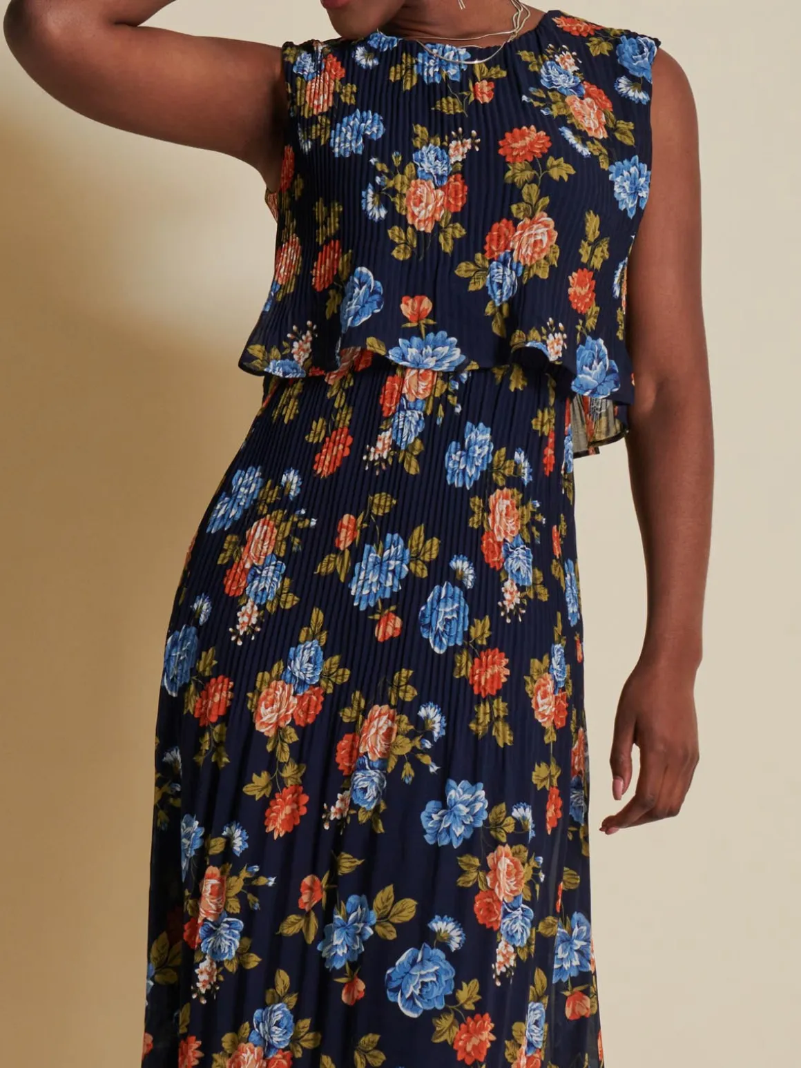 Chiffon Pleated Overlay Midi Dress, Navy Orange Floral
