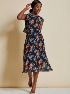 Chiffon Pleated Overlay Midi Dress, Navy Orange Floral