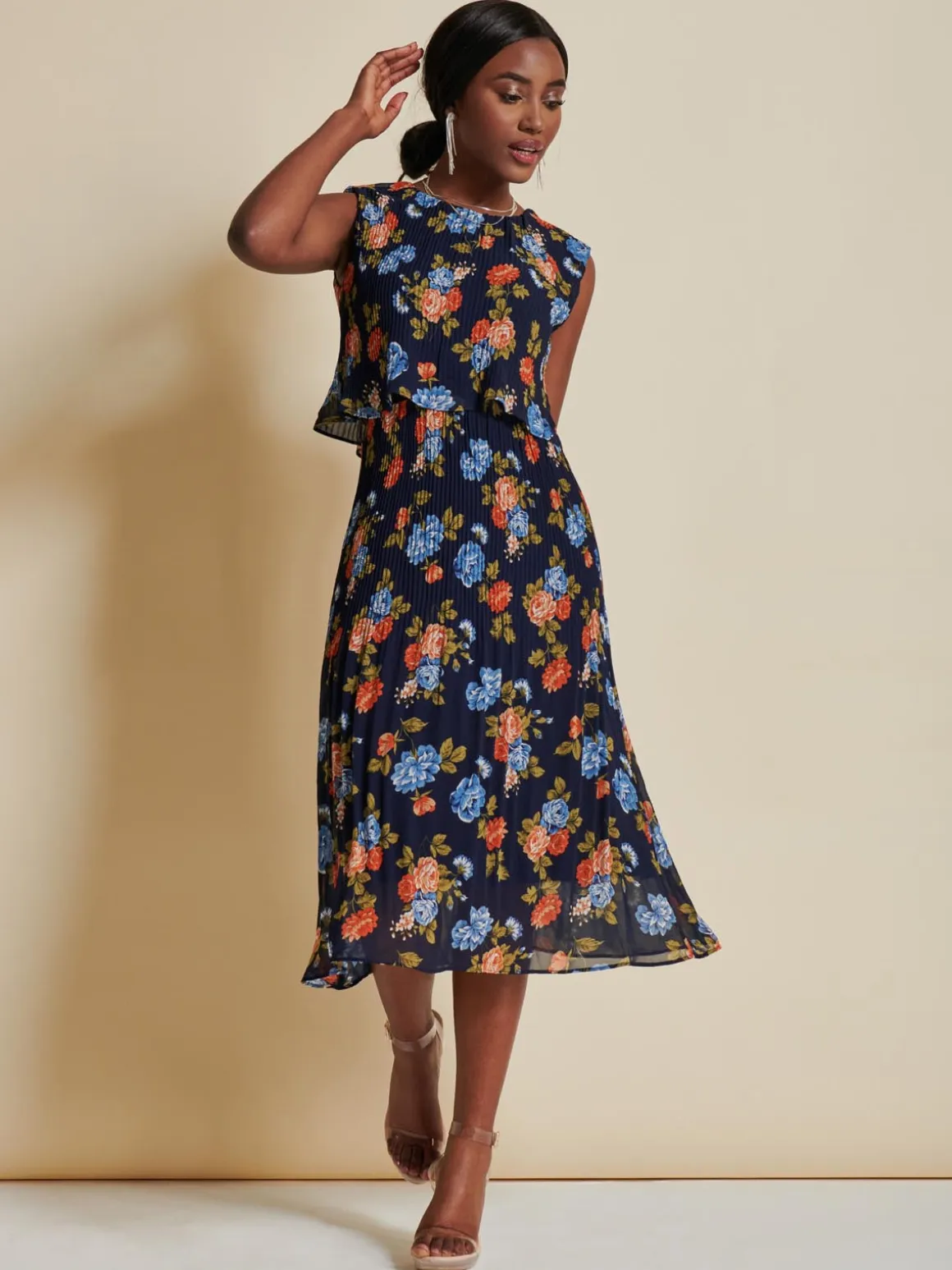 Chiffon Pleated Overlay Midi Dress, Navy Orange Floral