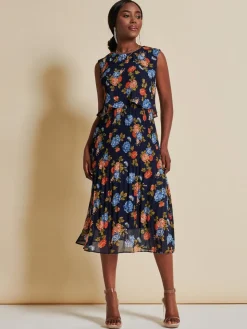 Chiffon Pleated Overlay Midi Dress, Navy Orange Floral
