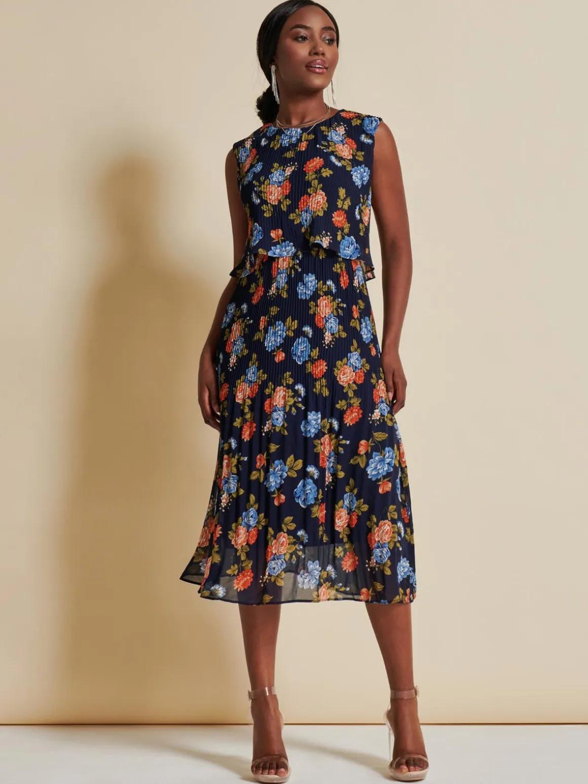 Chiffon Pleated Overlay Midi Dress, Navy Orange Floral