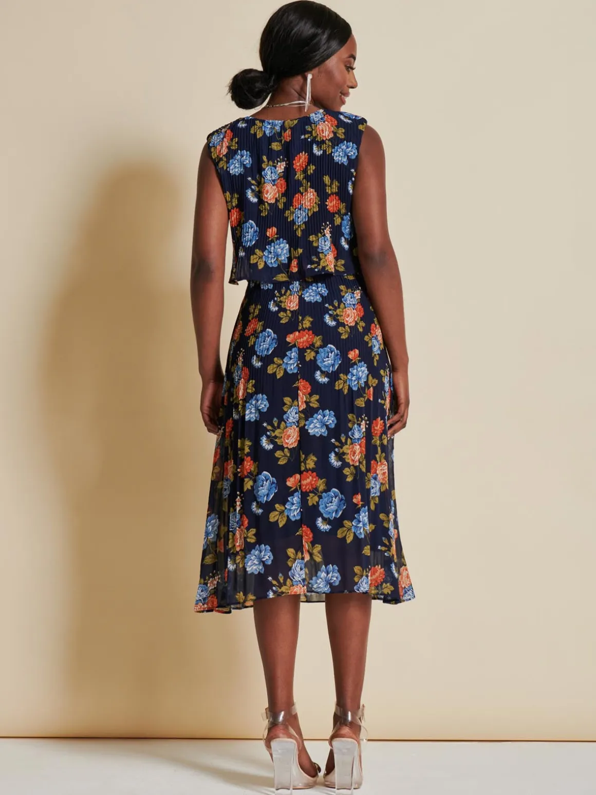 Chiffon Pleated Overlay Midi Dress, Navy Orange Floral